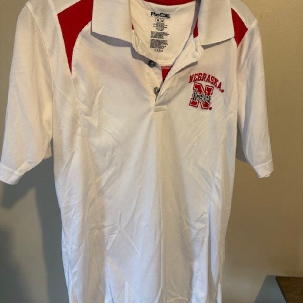 Pro Edge White and Red Nebraska Performance Polo Shirt  8604  Medium